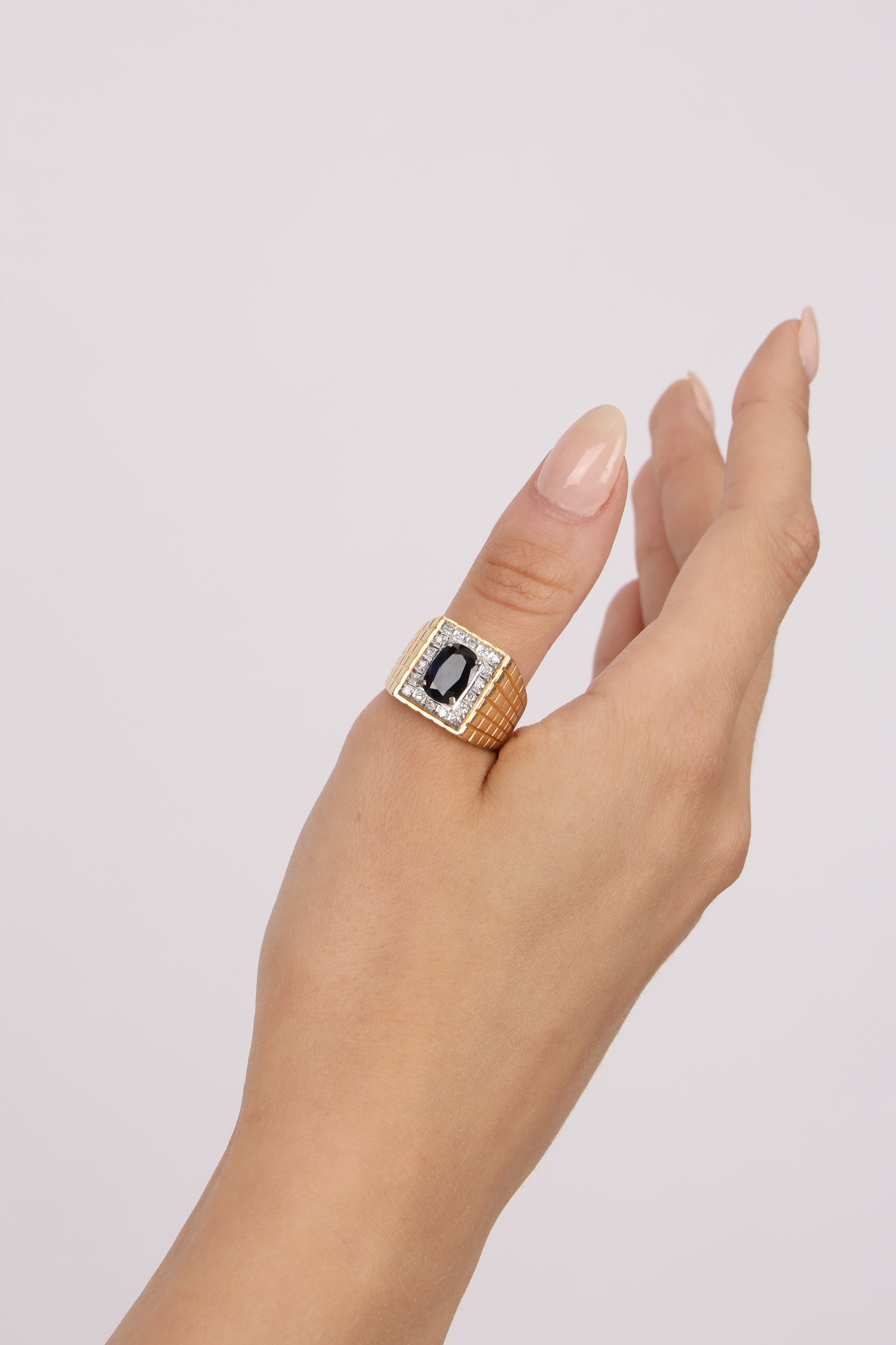 18K Yellow Gold Diamond and Sapphire Geometric Signet Ring, Size US 9.75