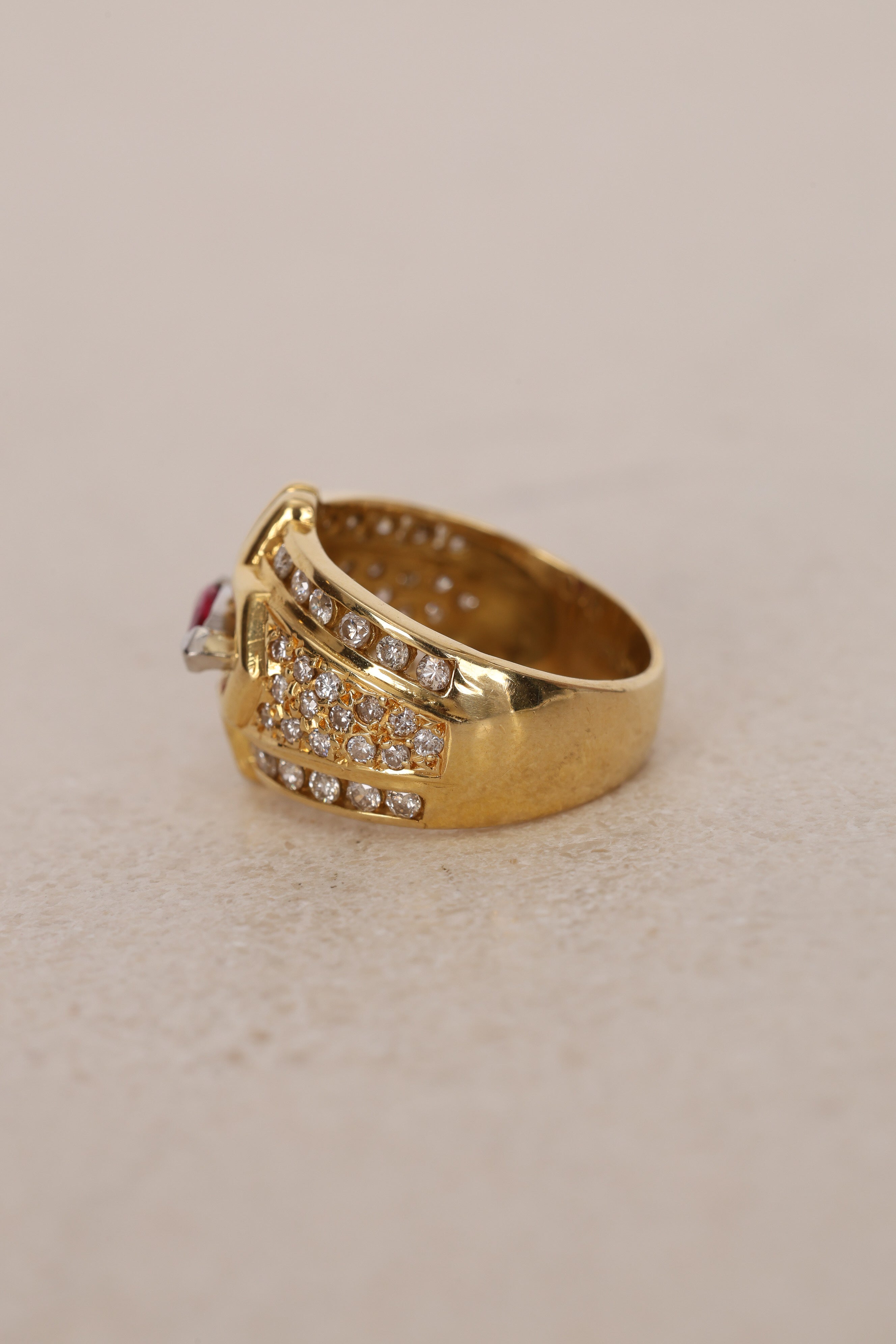 18K Yellow Gold Platinum Ruby and Diamond Rounded Cocktail Ring, Size US 5 - Drop 12