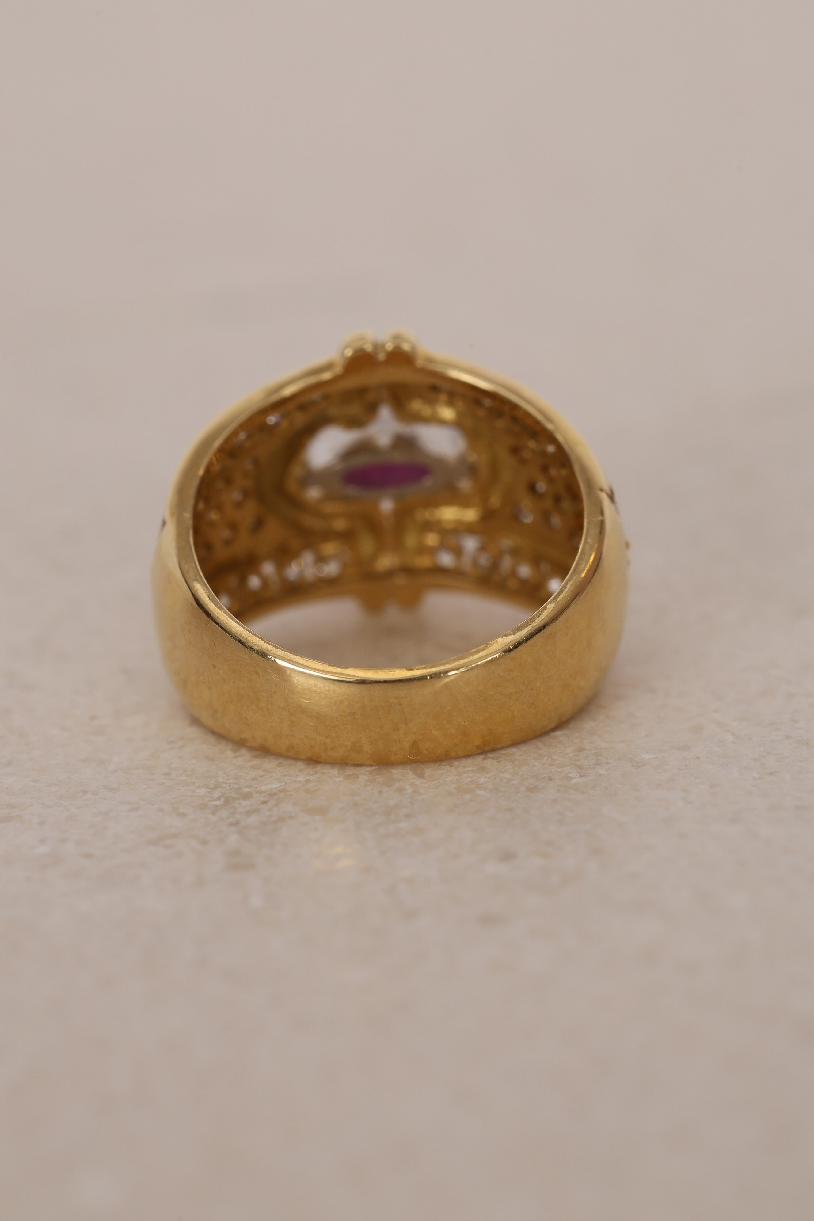 18K Yellow Gold Platinum Ruby and Diamond Rounded Cocktail Ring, Size US 5 - Drop 12