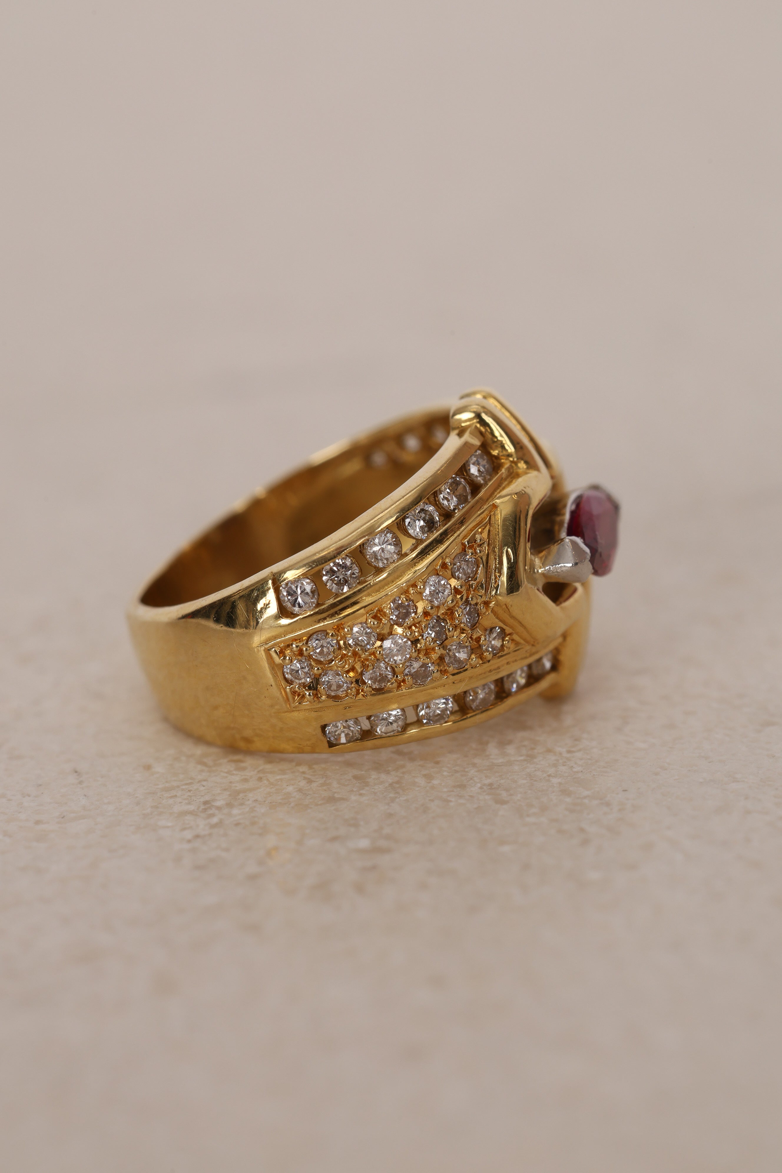 18K Yellow Gold Platinum Ruby and Diamond Rounded Cocktail Ring, Size US 5 - Drop 12