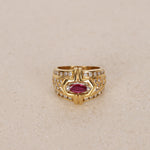 18K Yellow Gold Platinum Ruby and Diamond Rounded Cocktail Ring, Size US 5