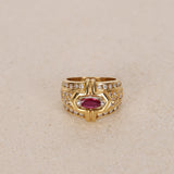 18K Yellow Gold Platinum Ruby and Diamond Rounded Cocktail Ring, Size US 5