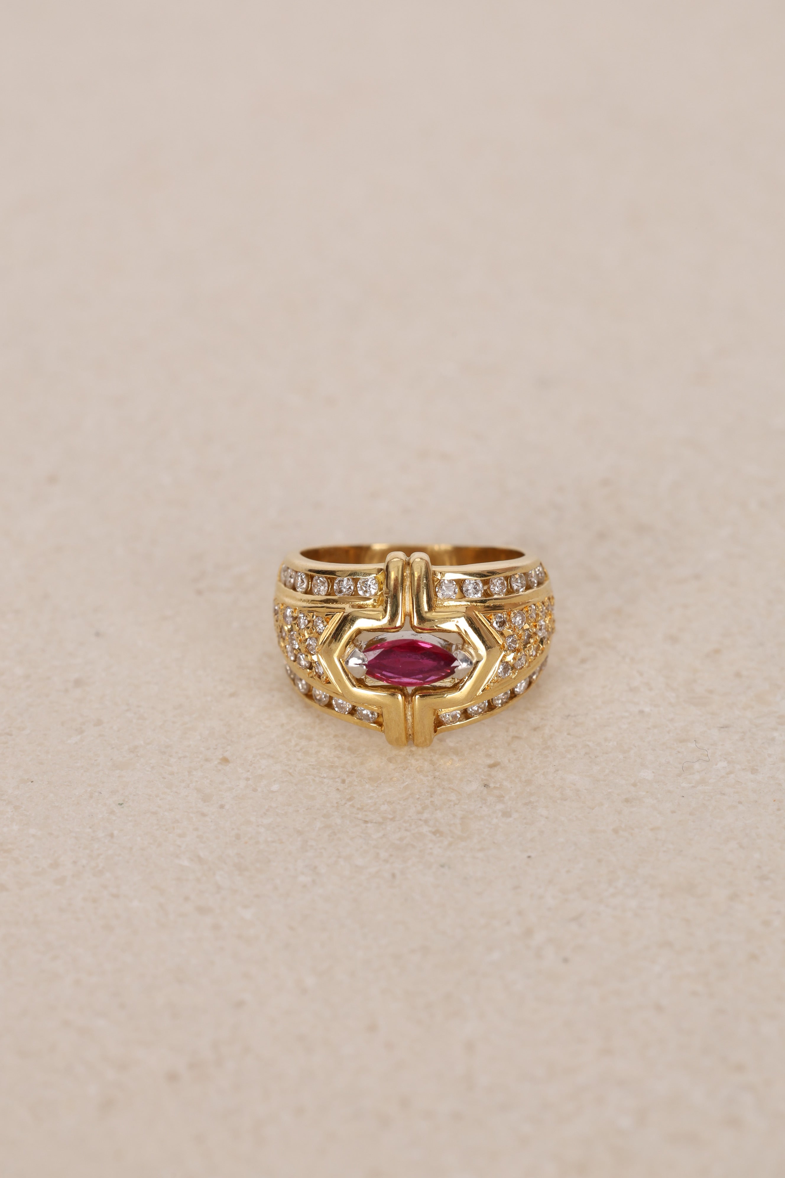 18K Yellow Gold Platinum Ruby and Diamond Rounded Cocktail Ring, Size US 5