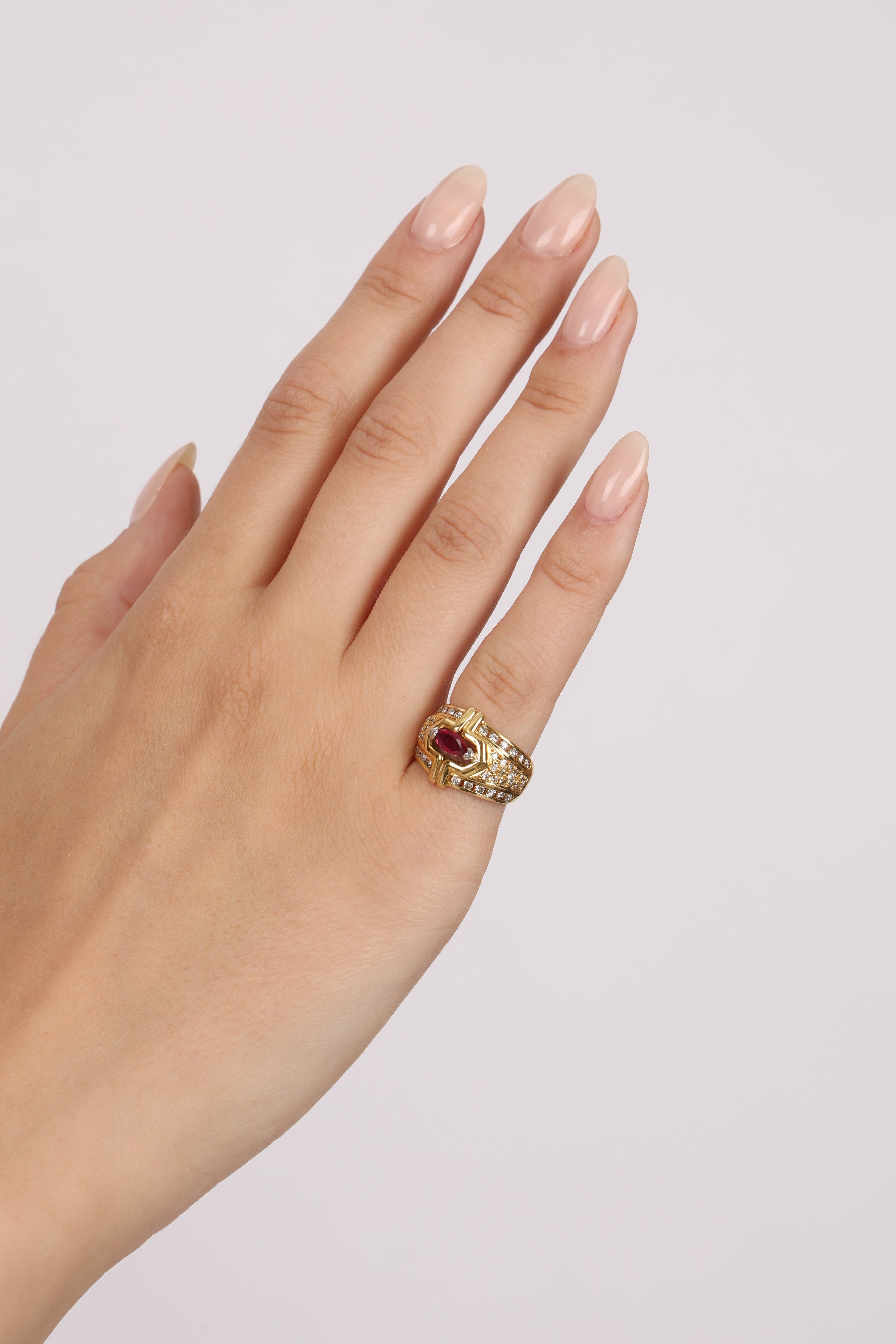 18K Yellow Gold Platinum Ruby and Diamond Rounded Cocktail Ring, Size US 5
