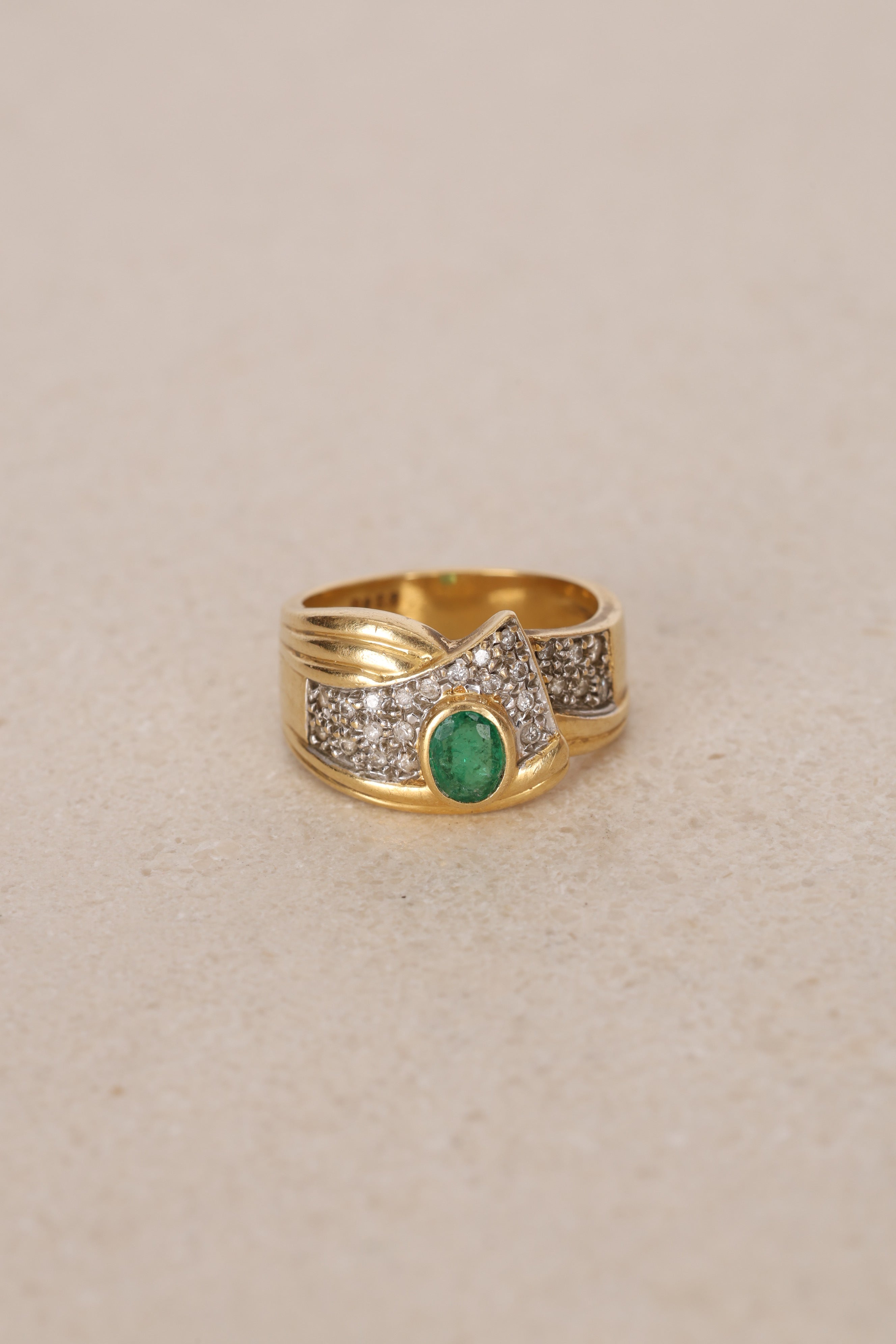 Vintage 18K Yellow Gold Oval Cut Emerald and Pavé Diamond Bypass Ring