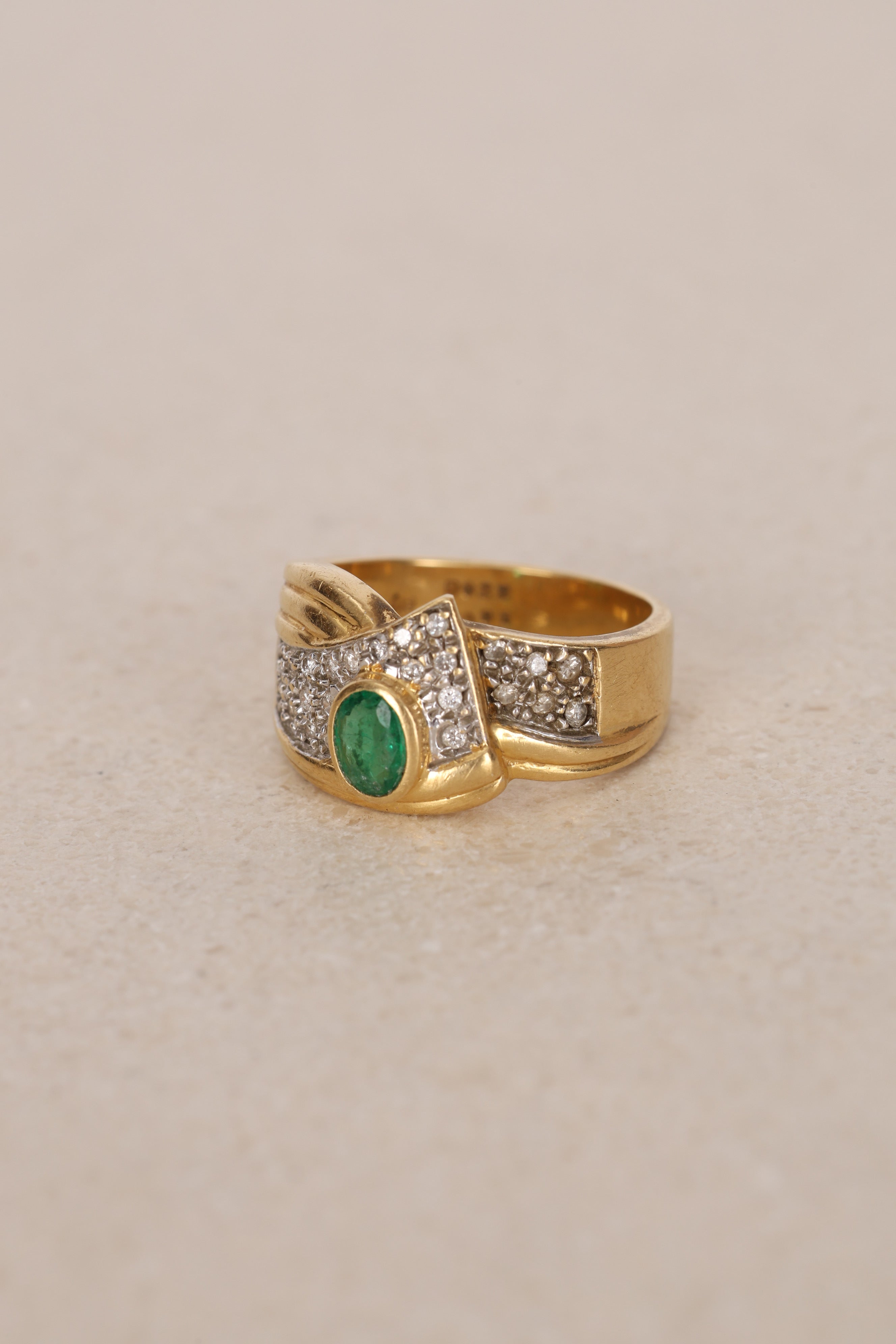 Vintage 18K Yellow Gold Oval Cut Emerald and Pavé Diamond Bypass Ring