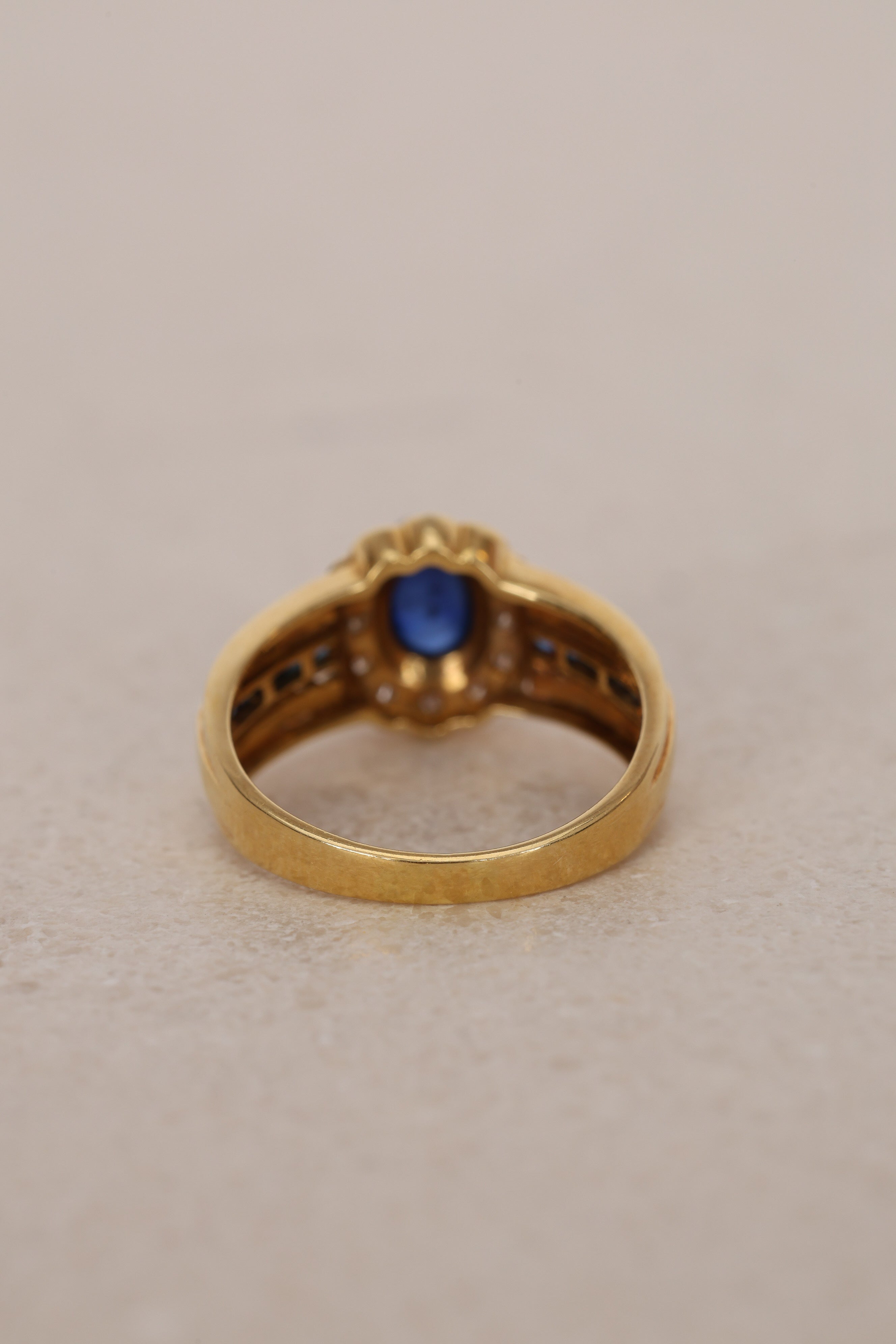 18K Yellow Gold and Sapphire Diamond Halo Ring, Size US 6 - Drop 12