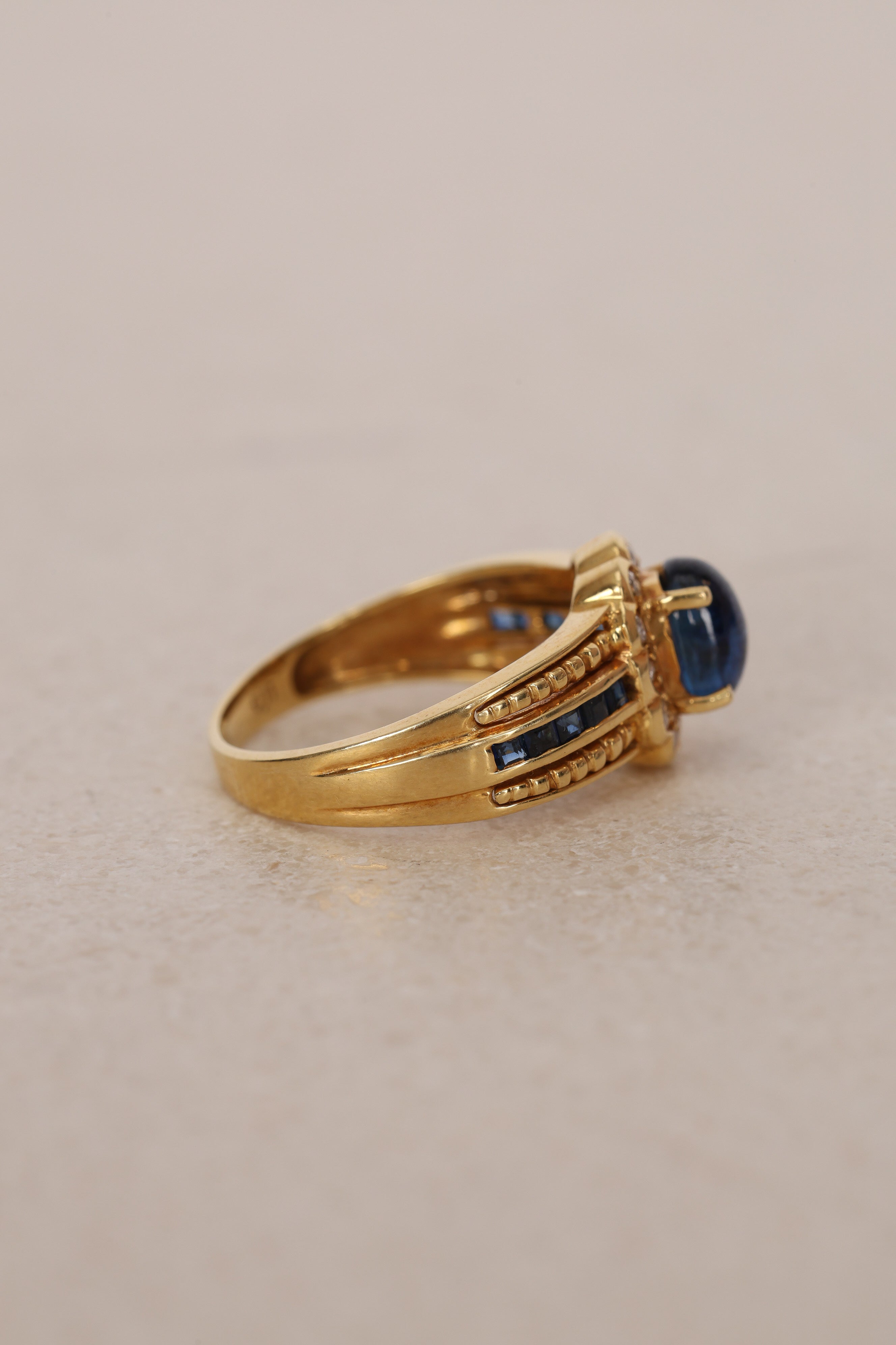 18K Yellow Gold and Sapphire Diamond Halo Ring, Size US 6 - Drop 12