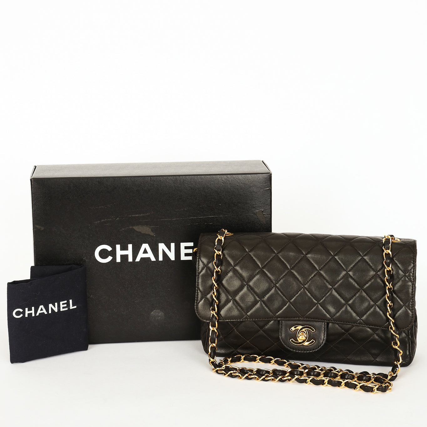 Rare Chanel Medium Classic Single Flap Black Lambskin 1996 24K GP