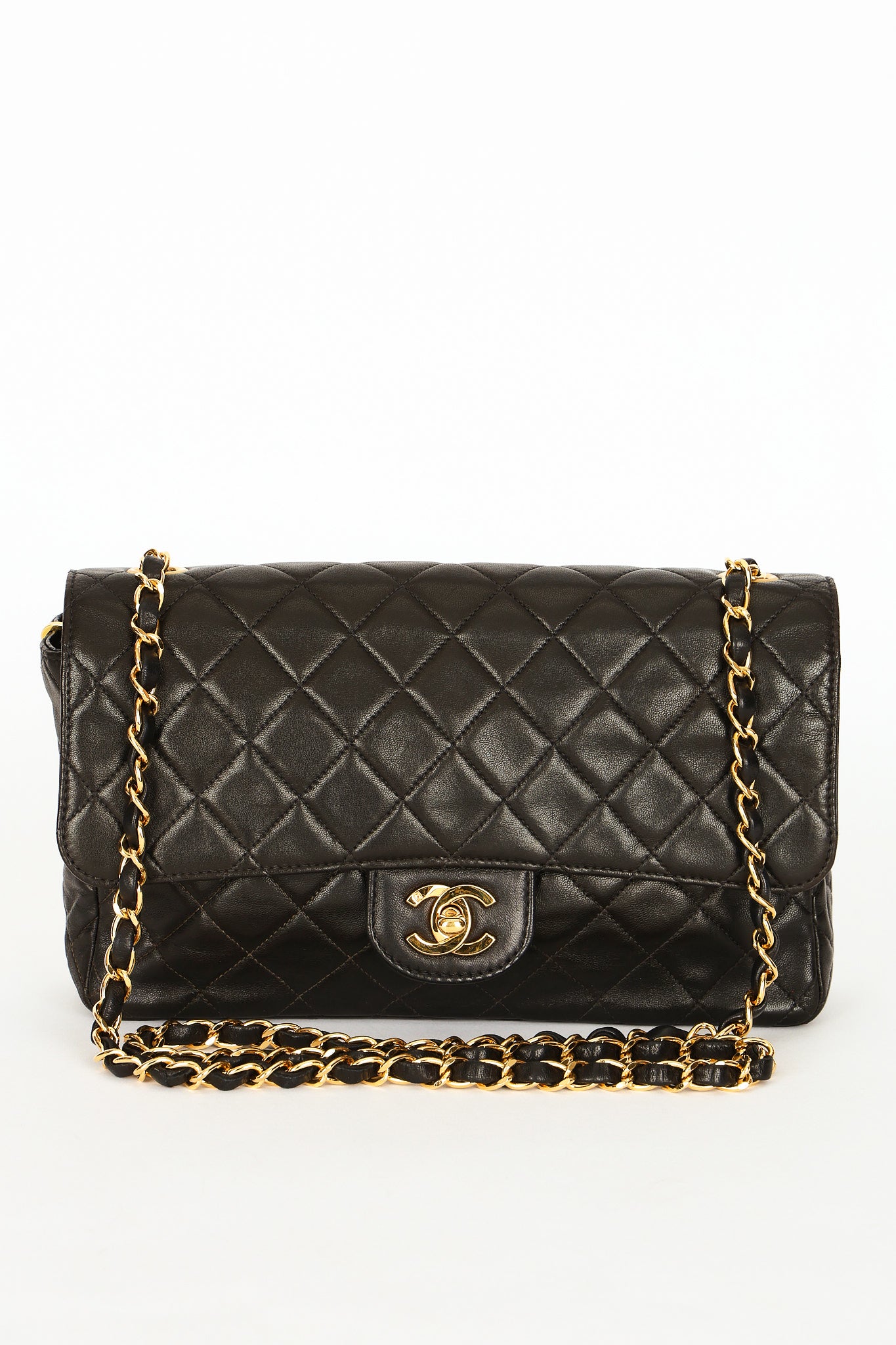 Rare Chanel Medium Classic Single Flap Black Lambskin 1996 24K GP