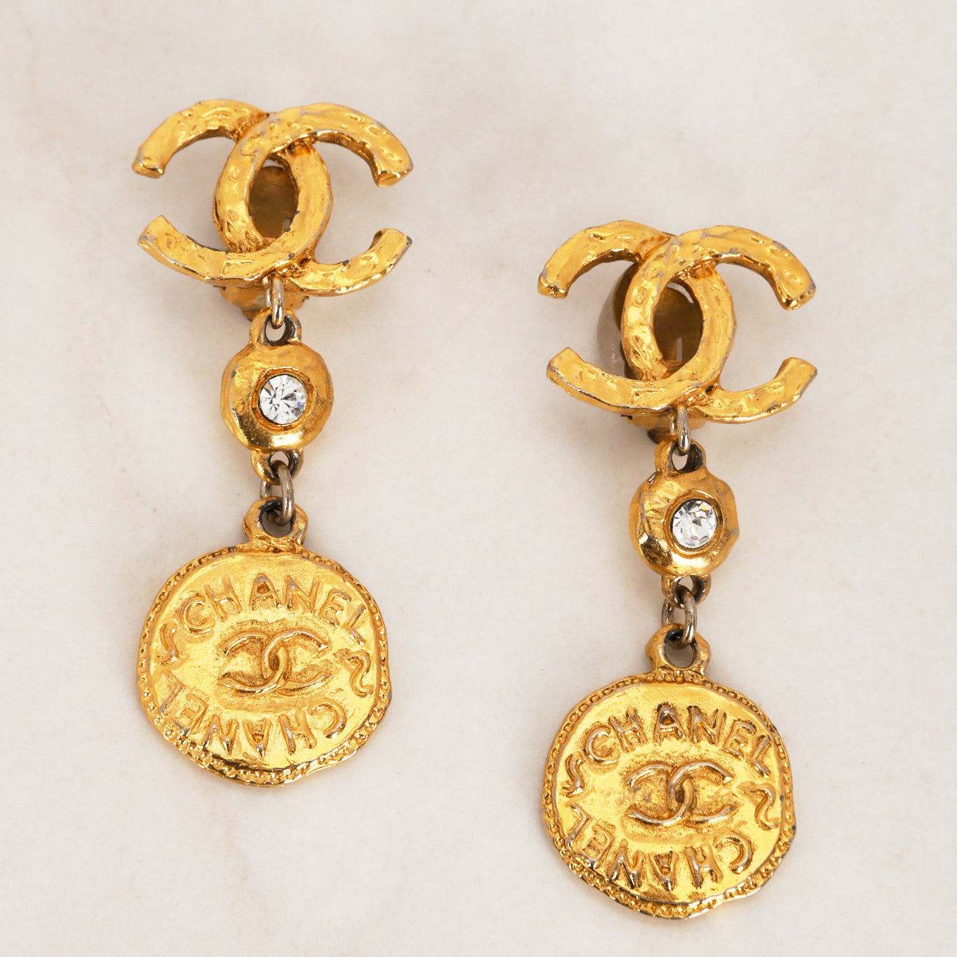Vintage Chanel CC Charm Drop Earrings 24K GP