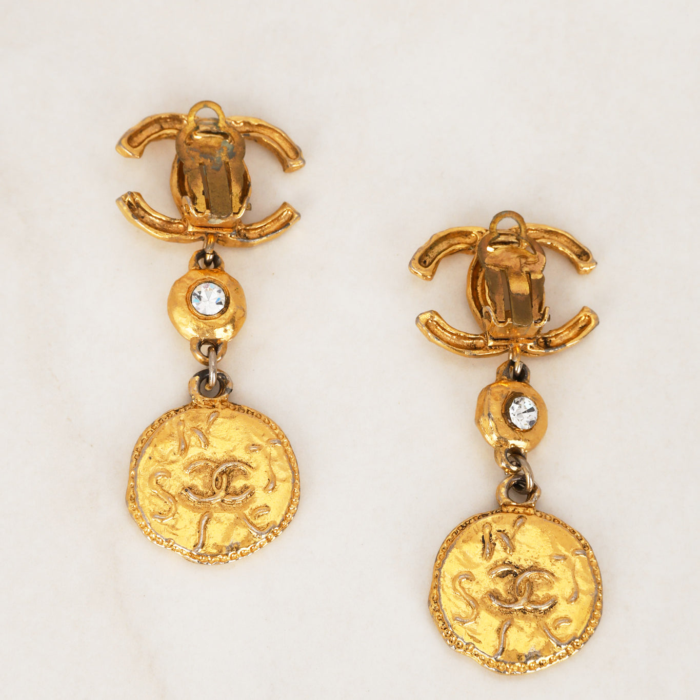 Vintage Chanel CC Charm Drop Earrings 24K GP
