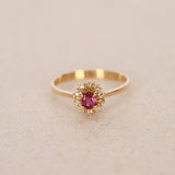 1970s 18K Yellow Gold Ruby and Diamond Halo Ring, Size US 6 - Drop 24