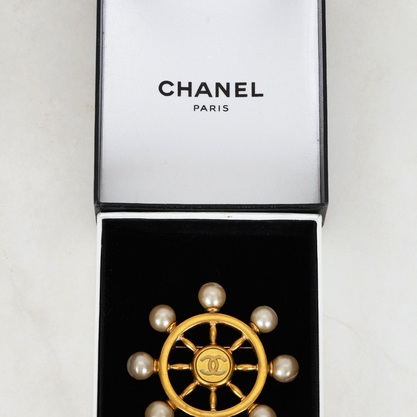 Chanel 1994 CC Pearl Steering Wheel Brooch 24K GP