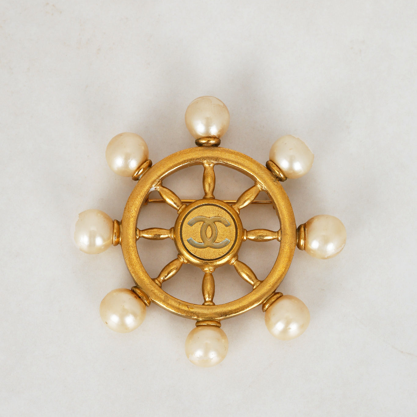 Chanel 1994 CC Pearl Steering Wheel Brooch 24K GP