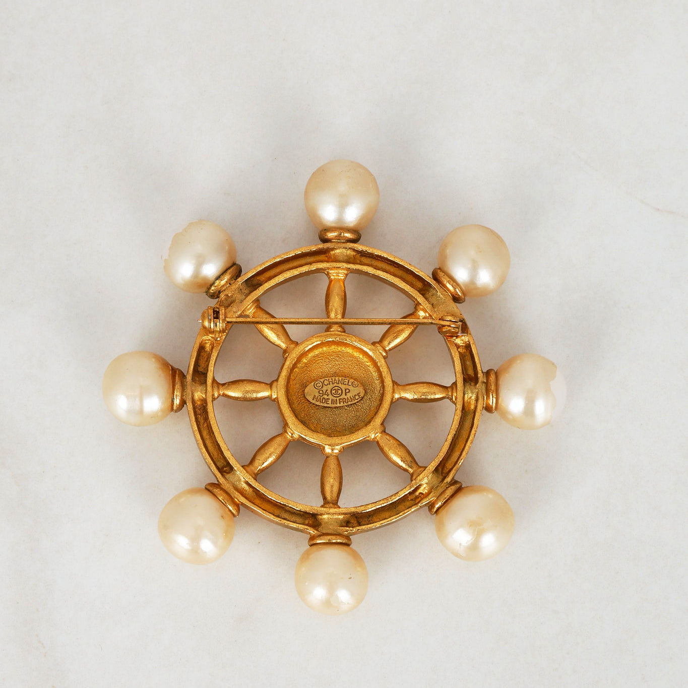 Chanel 1994 CC Pearl Steering Wheel Brooch 24K GP