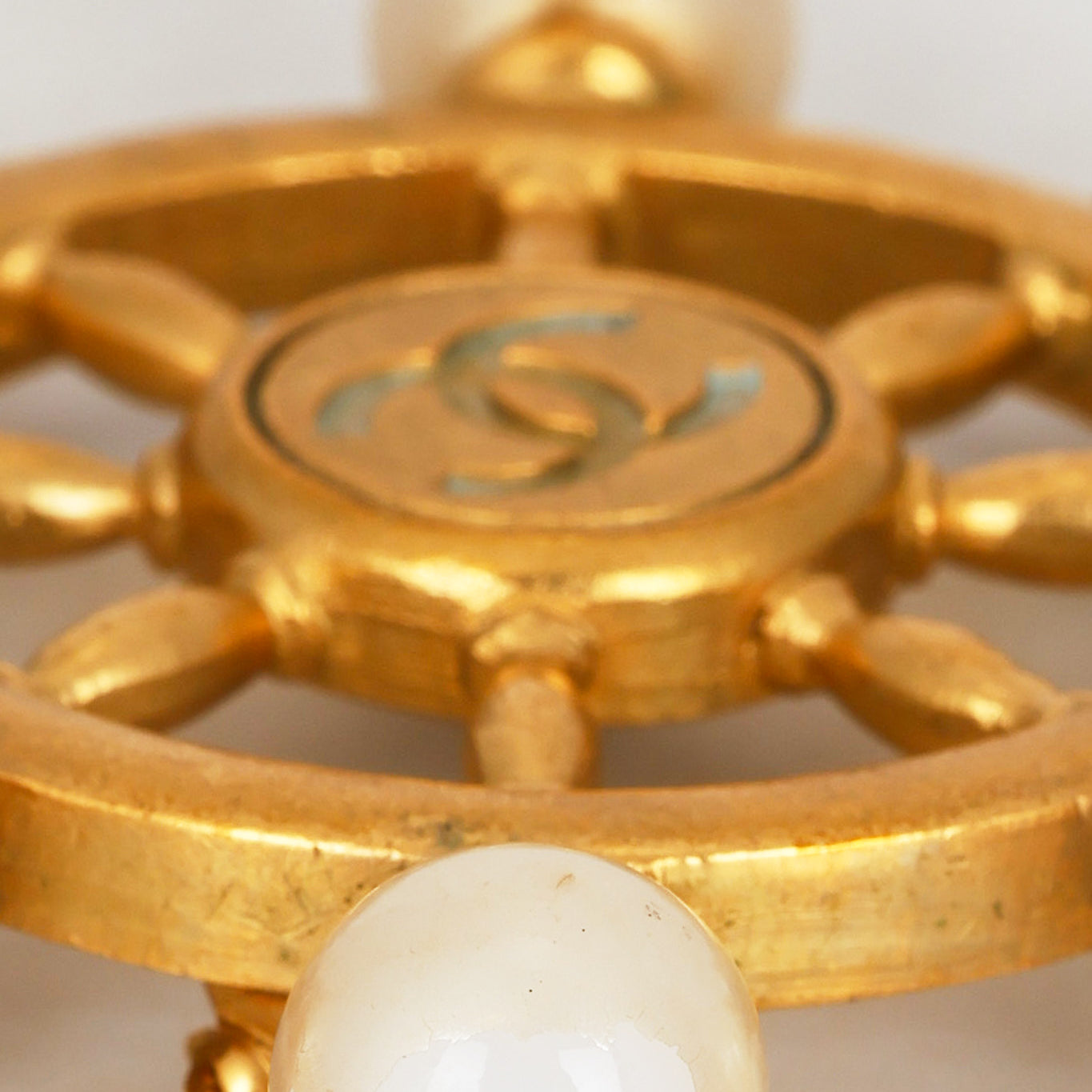 Chanel 1994 CC Pearl Steering Wheel Brooch 24K GP