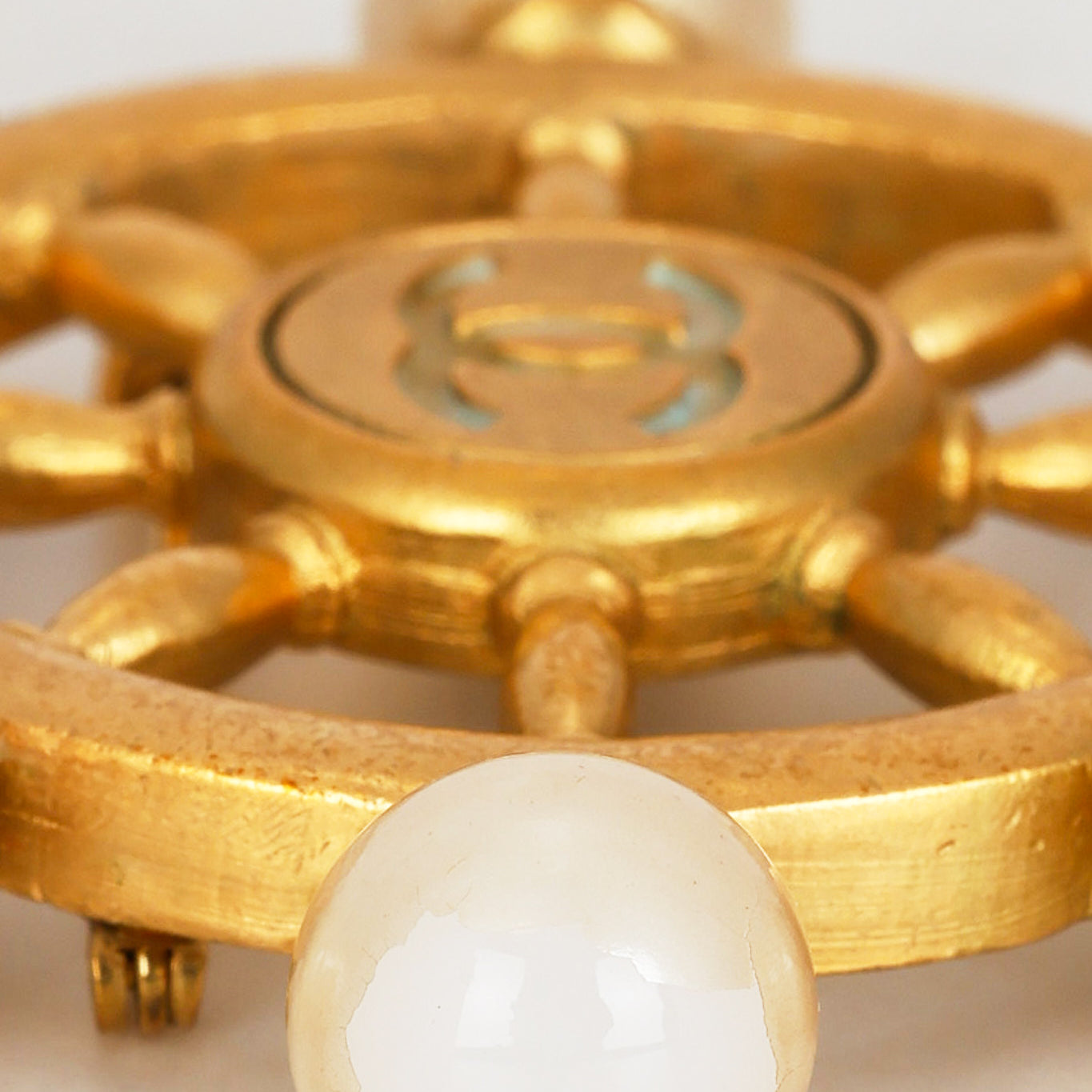 Chanel 1994 CC Pearl Steering Wheel Brooch 24K GP