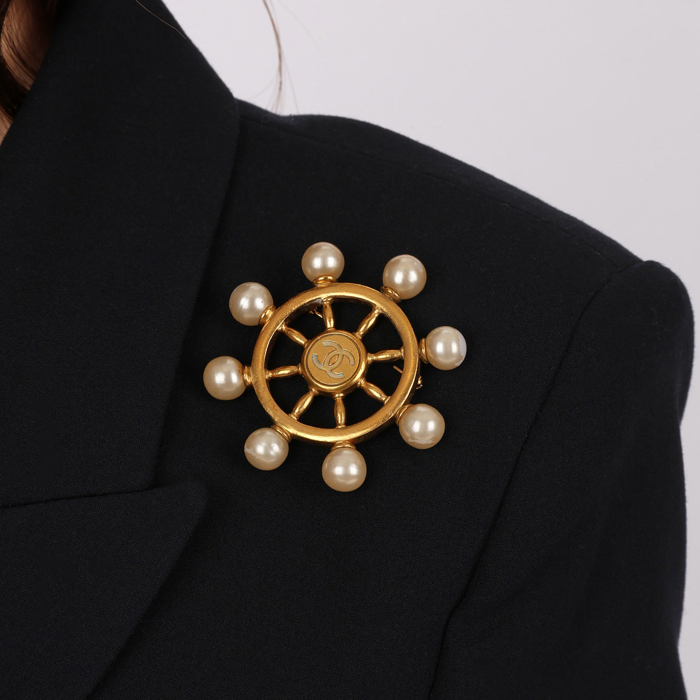 Chanel 1994 CC Pearl Steering Wheel Brooch 24K GP