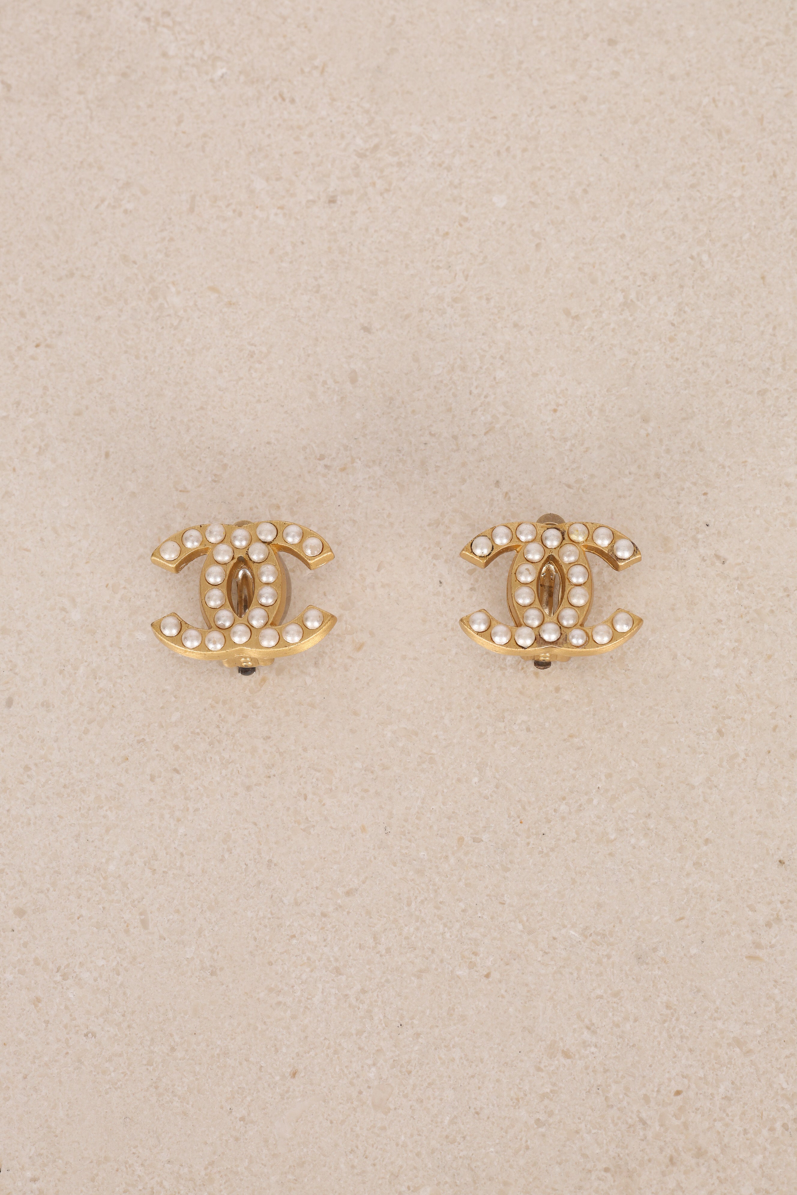 Chanel 2001 CC Pearl Clip-On Earrings 24K gp