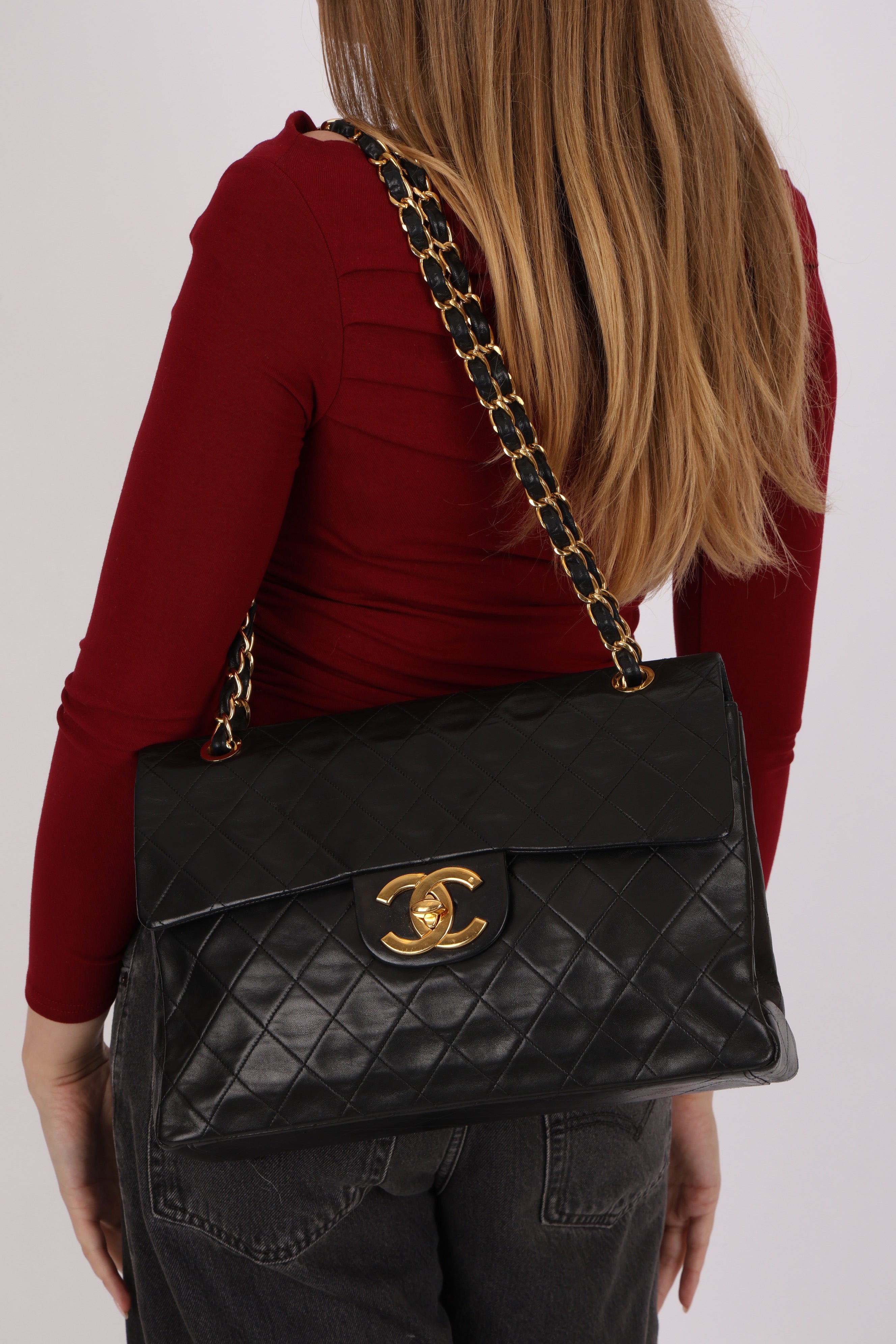 Chanel XL Logo Jumbo Single Flap Black Lambskin 24K GP