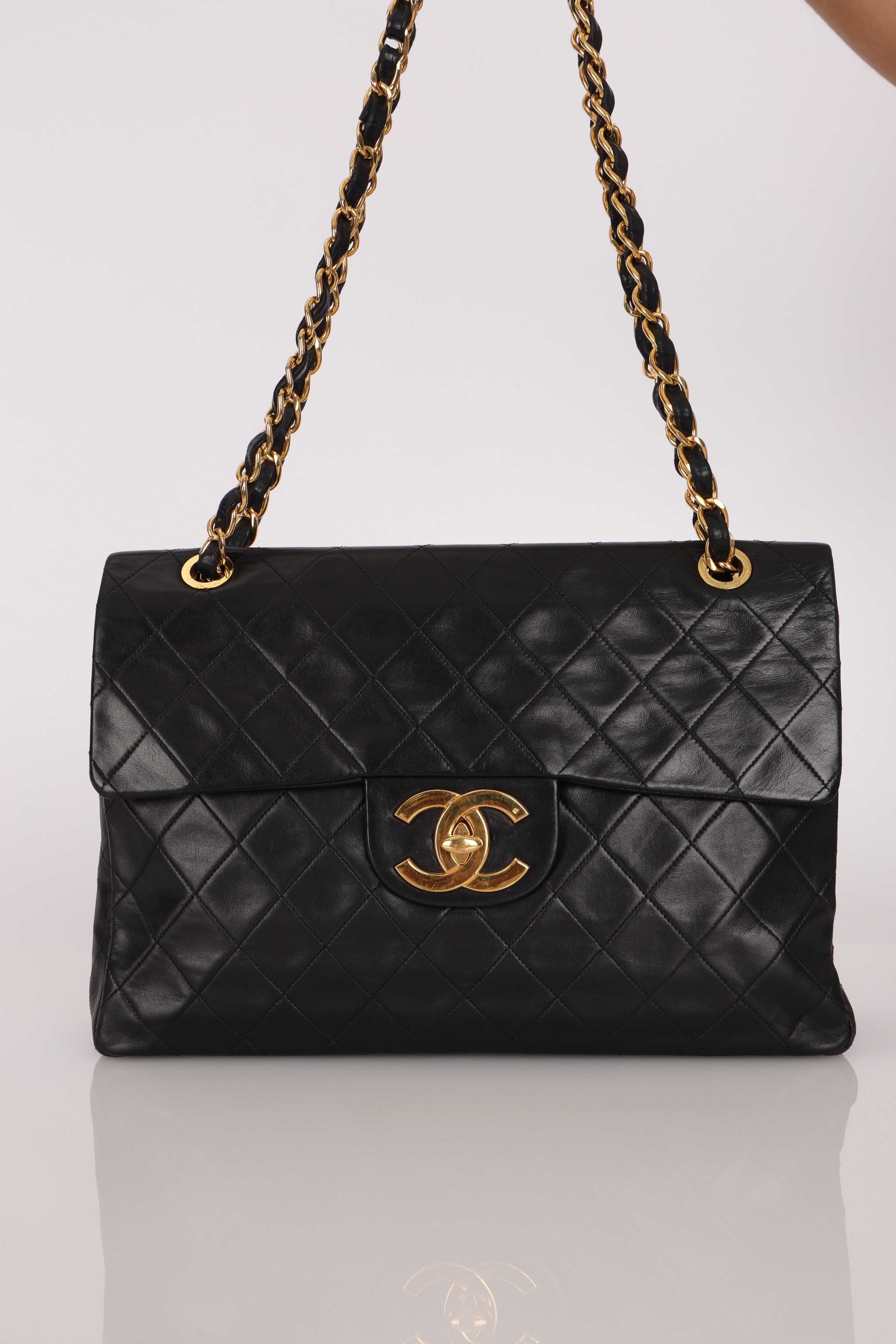 Chanel XL Logo Jumbo Single Flap Black Lambskin 24K GP