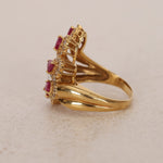 Vintage 1980s 18K Yellow Gold Ruby and Diamond Curved Halo Clusters Ring, Size US 5.75 - Drop 12