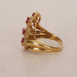 Vintage 1980s 18K Yellow Gold Ruby and Diamond Curved Halo Clusters Ring, Size US 5.75 - Drop 12