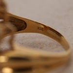 Vintage 1980s 18K Yellow Gold Ruby and Diamond Curved Halo Clusters Ring, Size US 5.75 - Drop 12