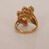 Vintage 1980s 18K Yellow Gold Ruby and Diamond Curved Halo Clusters Ring, Size US 5.75 - Drop 12