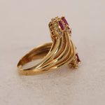 Vintage 1980s 18K Yellow Gold Ruby and Diamond Curved Halo Clusters Ring, Size US 5.75 - Drop 12