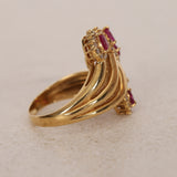 Vintage 1980s 18K Yellow Gold Ruby and Diamond Curved Halo Clusters Ring, Size US 5.75 - Drop 12