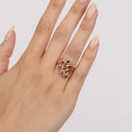 18K Yellow Gold Ruby and Diamond Curved Halo Clusters Ring, Size US 5.75