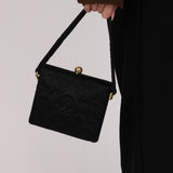 Chanel Kisslock Minaudiere Top Handle Black Satin 1995 24K GP