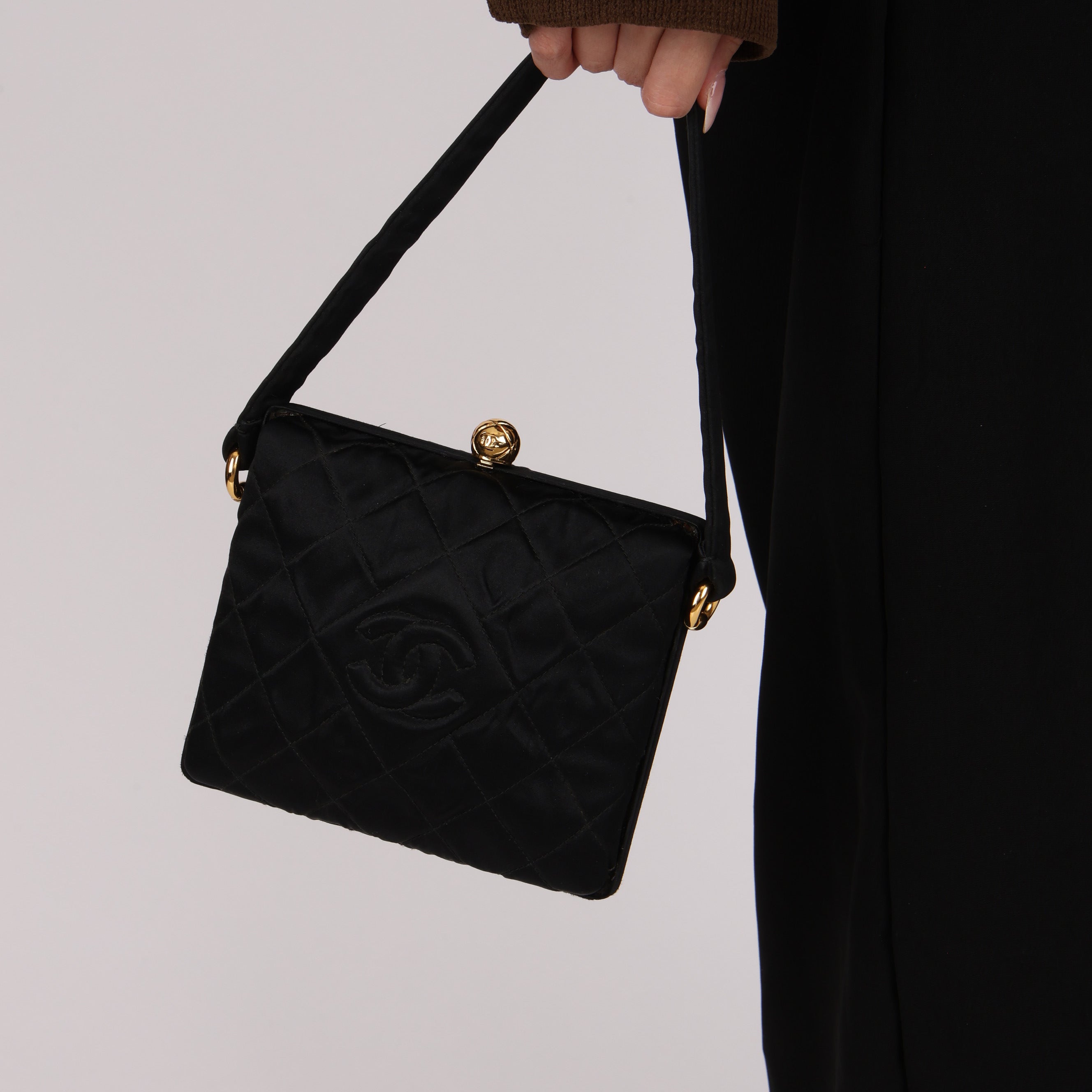 Chanel Kisslock Minaudiere Top Handle Black Satin 1995 24K GP