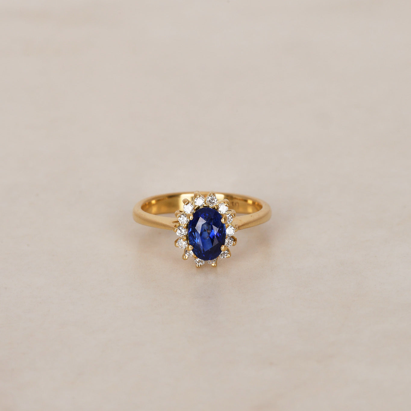 18K Yellow Gold Sapphire and Diamond Halo Ring, Size US 4.5