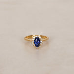 18K Yellow Gold Sapphire and Diamond Halo Ring, Size US 4.5