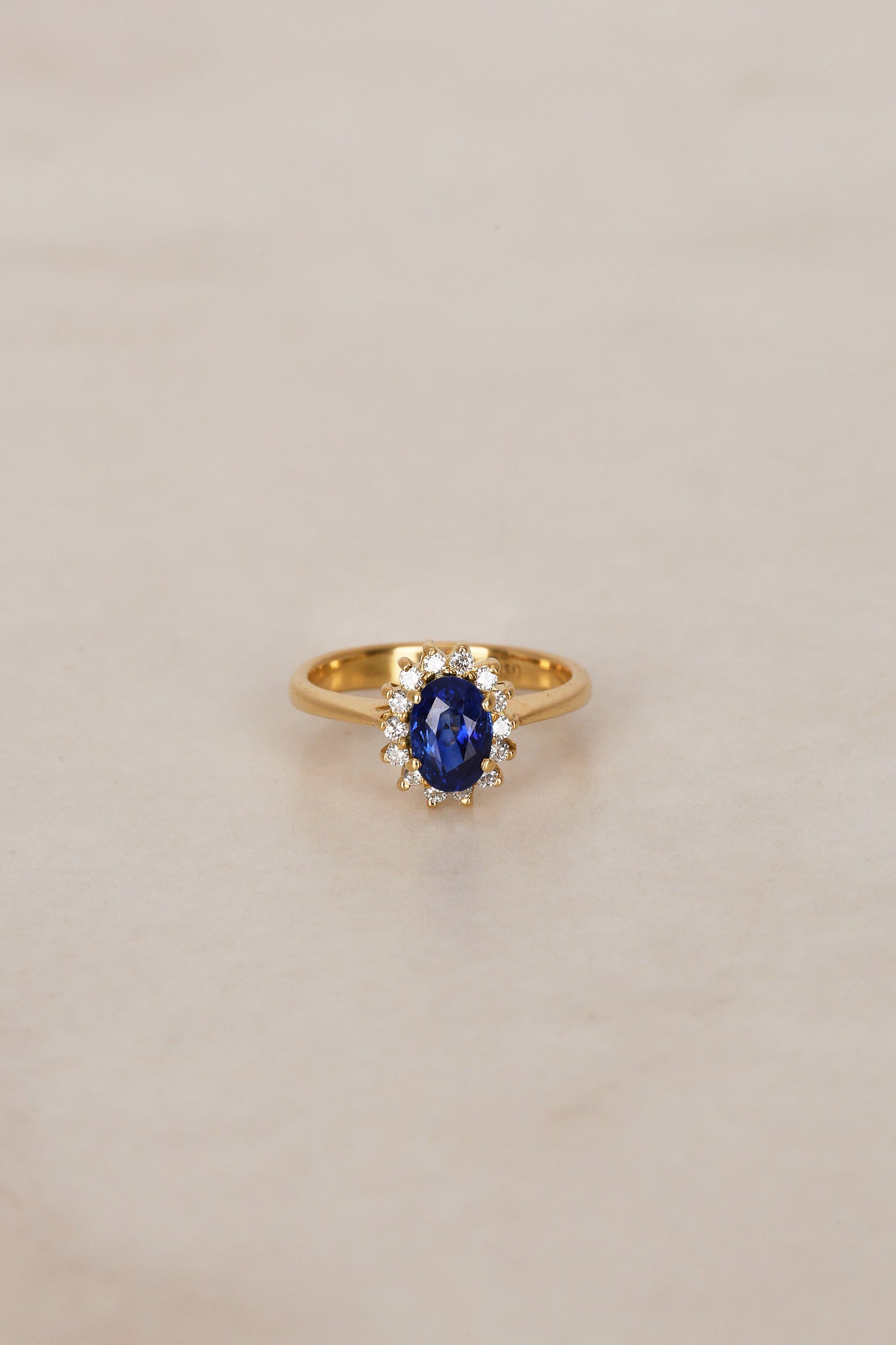 18K Yellow Gold Sapphire and Diamond Halo Ring, Size US 4.5