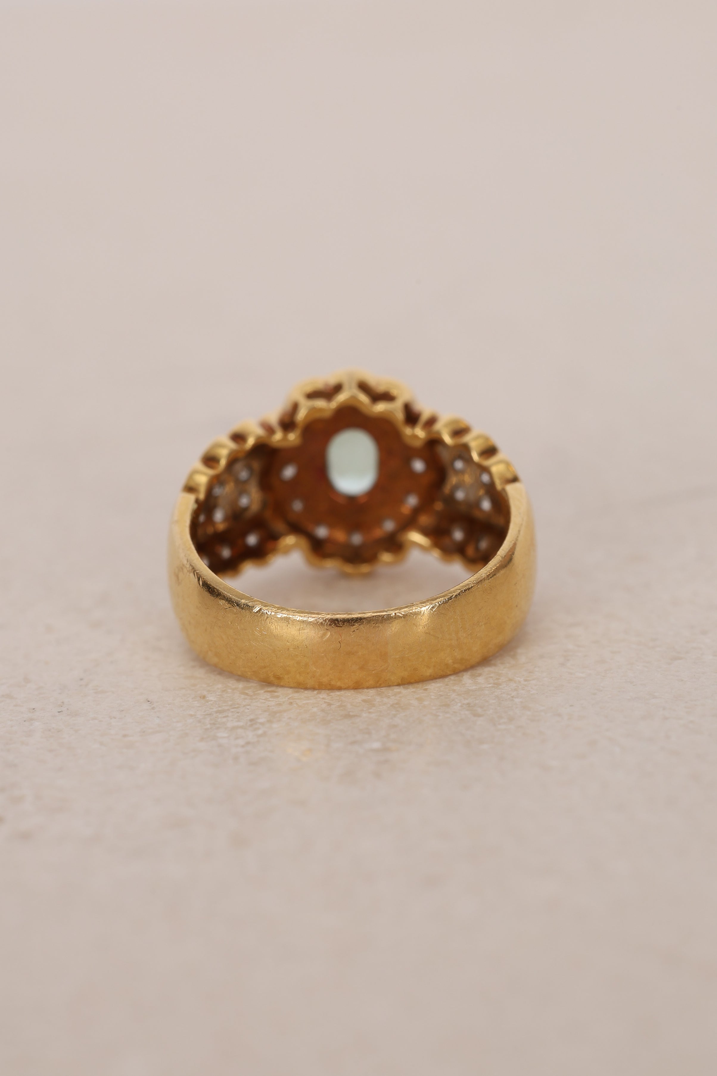 1980s 18K Yellow Gold Aquamarine and Diamond Solitaire Halo Ring, Size US 7.25 - Drop 12