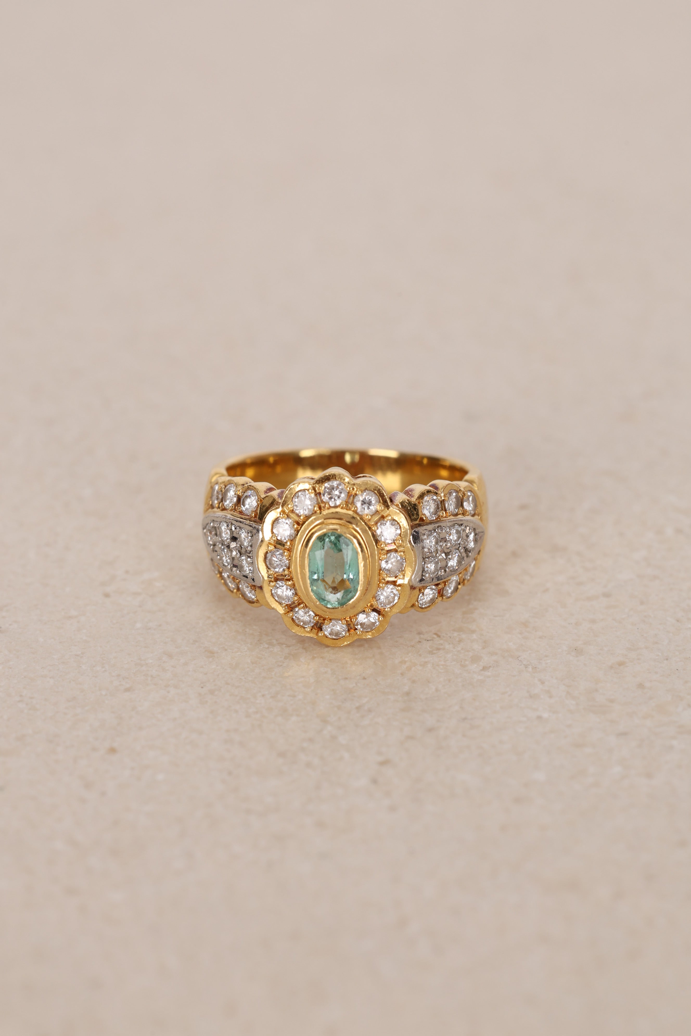 18K Yellow Gold Aquamarine and Diamond Solitaire Halo Ring, Size US 7.25