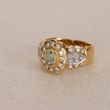 18K Yellow Gold Aquamarine and Diamond Solitaire Halo Ring, Size US 7.25