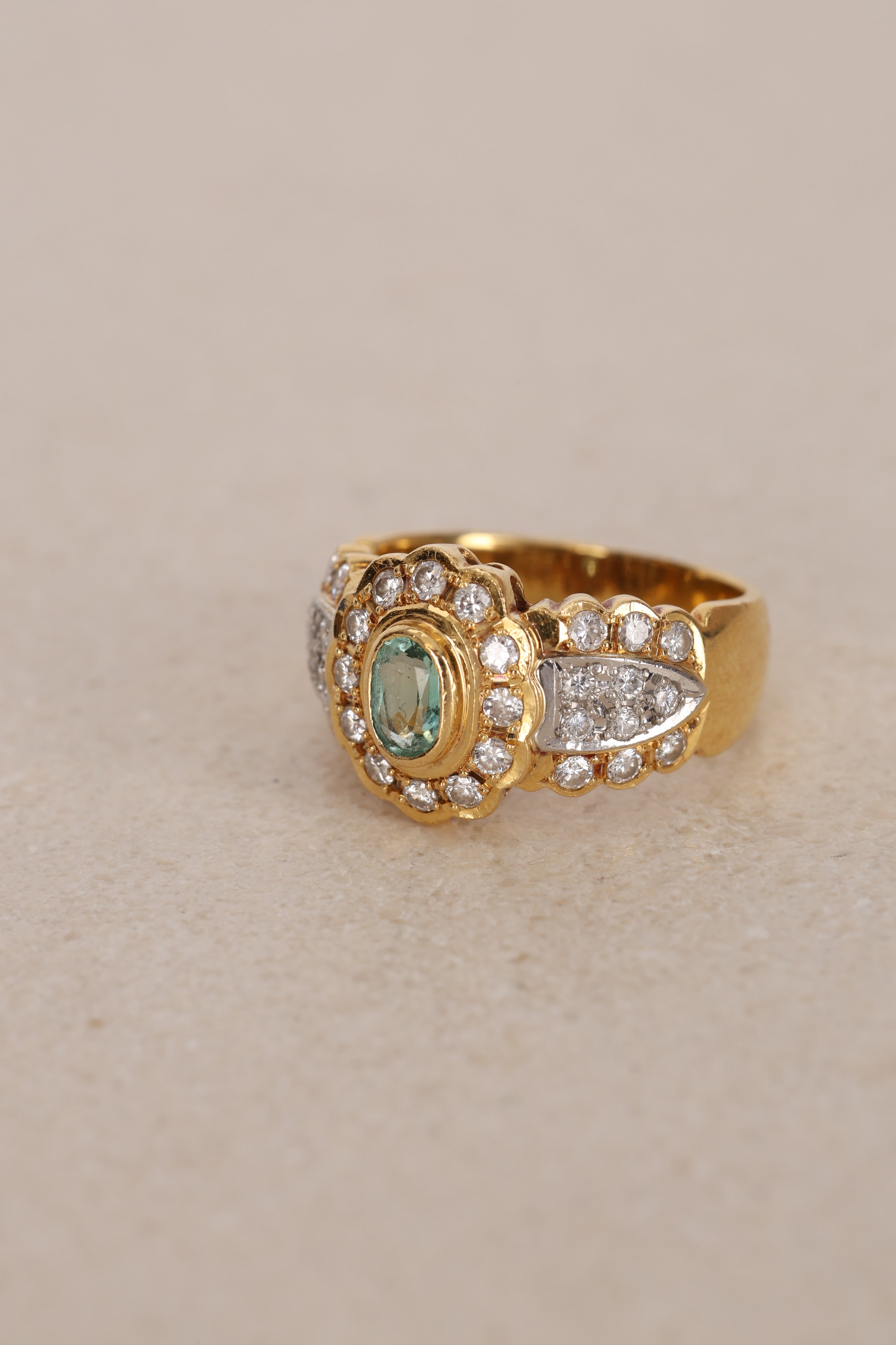 18K Yellow Gold Aquamarine and Diamond Solitaire Halo Ring, Size US 7.25
