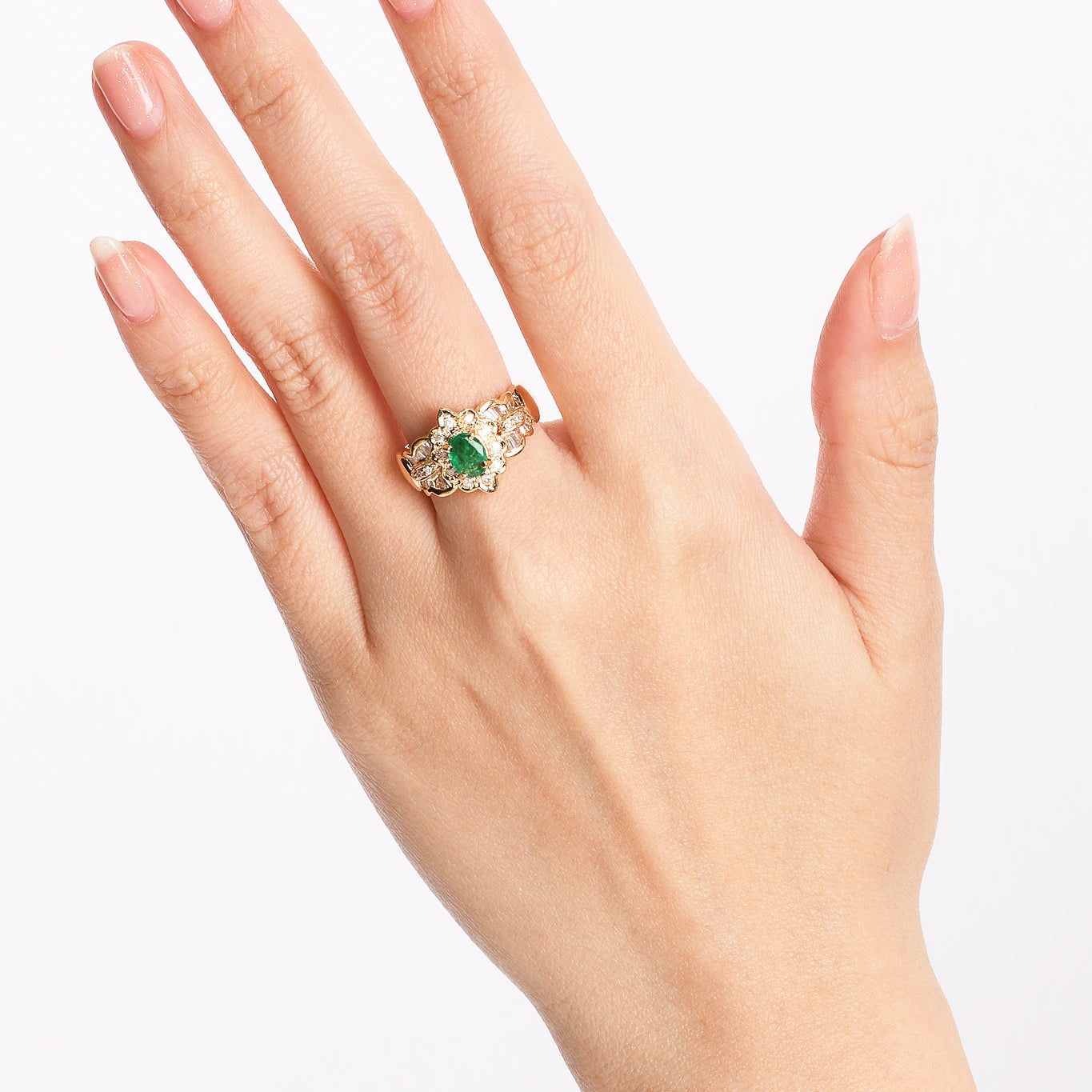 18K Yellow Gold Emerald and Diamond Halo Ring, Size US 5.5 - Drop 25