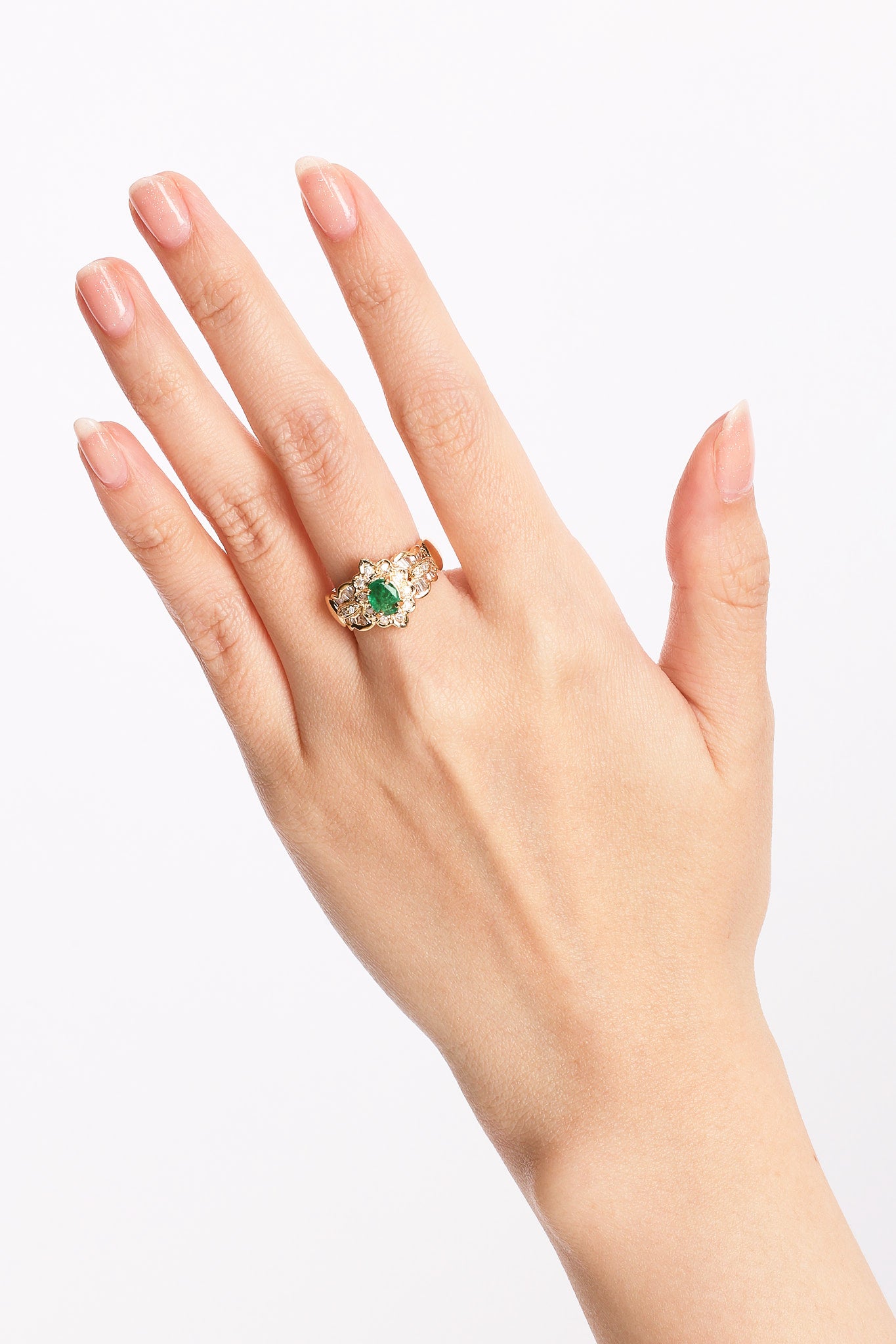18K Yellow Gold Emerald and Diamond Halo Ring, Size US 5.5 - Drop 25