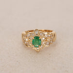 18K Yellow Gold Emerald and Diamond Halo Ring, Size US 5.5