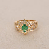 18K Yellow Gold Emerald and Diamond Halo Ring, Size US 5.5