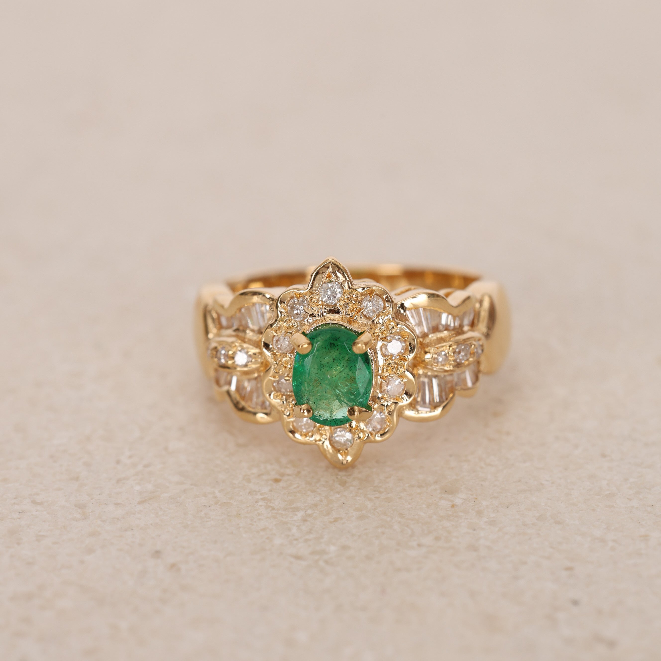18K Yellow Gold Emerald and Diamond Halo Ring, Size US 5.5