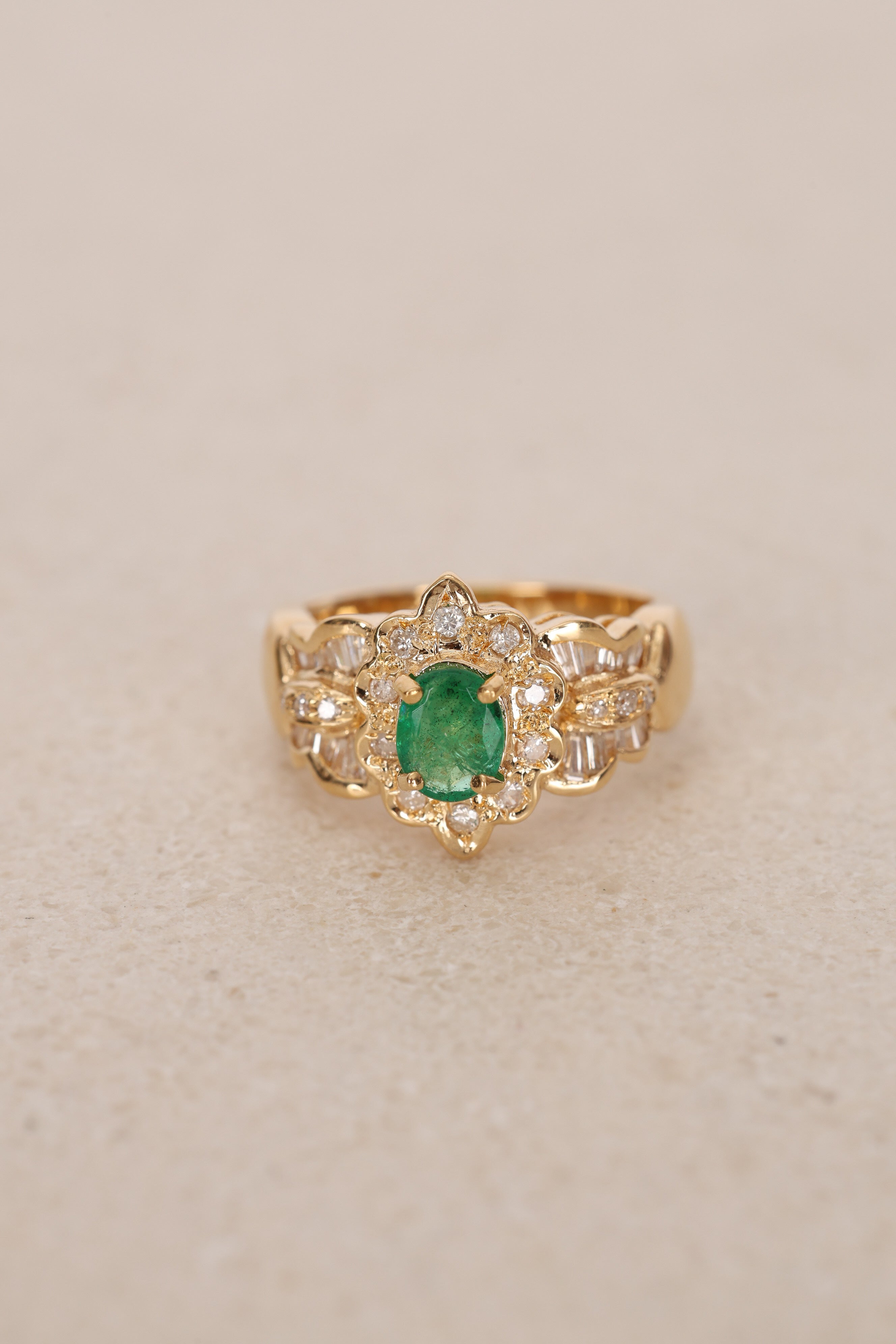18K Yellow Gold Emerald and Diamond Halo Ring, Size US 5.5