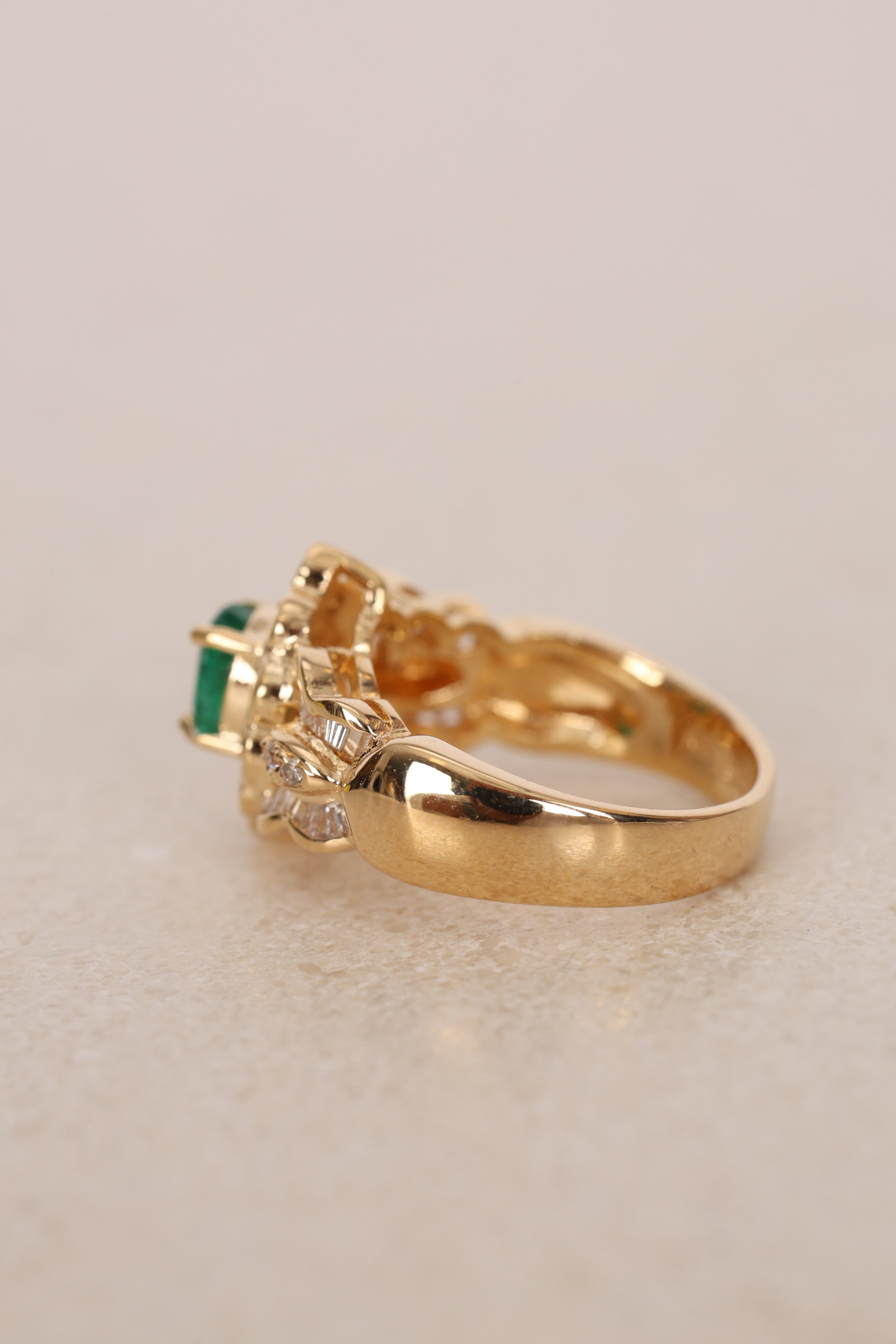 18K Yellow Gold Emerald and Diamond Halo Ring, Size US 5.5
