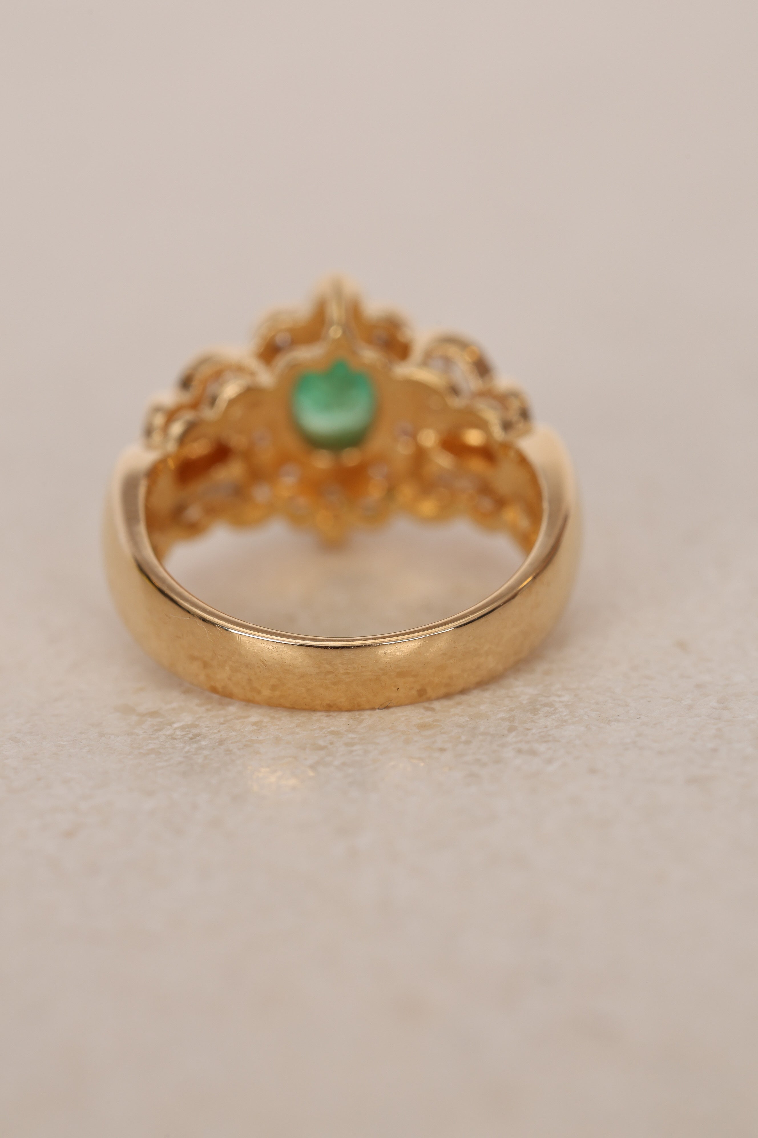 18K Yellow Gold Emerald and Diamond Halo Ring, Size US 5.5